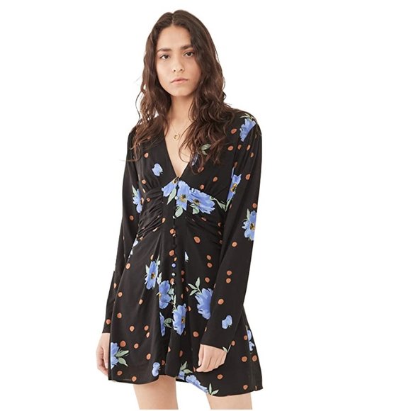 NEW Free People Date Night Mini Dress Long Sleeve Black Blue Floral Moonlight - Picture 2 of 9
